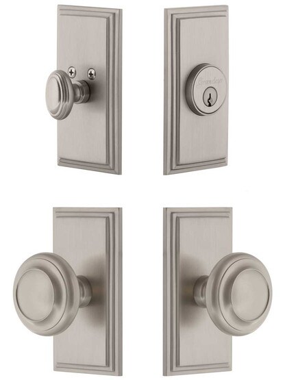 Grandeur Carre Entry Door Set, Keyed Alike with Circulaire Knobs in Satin Nickel.